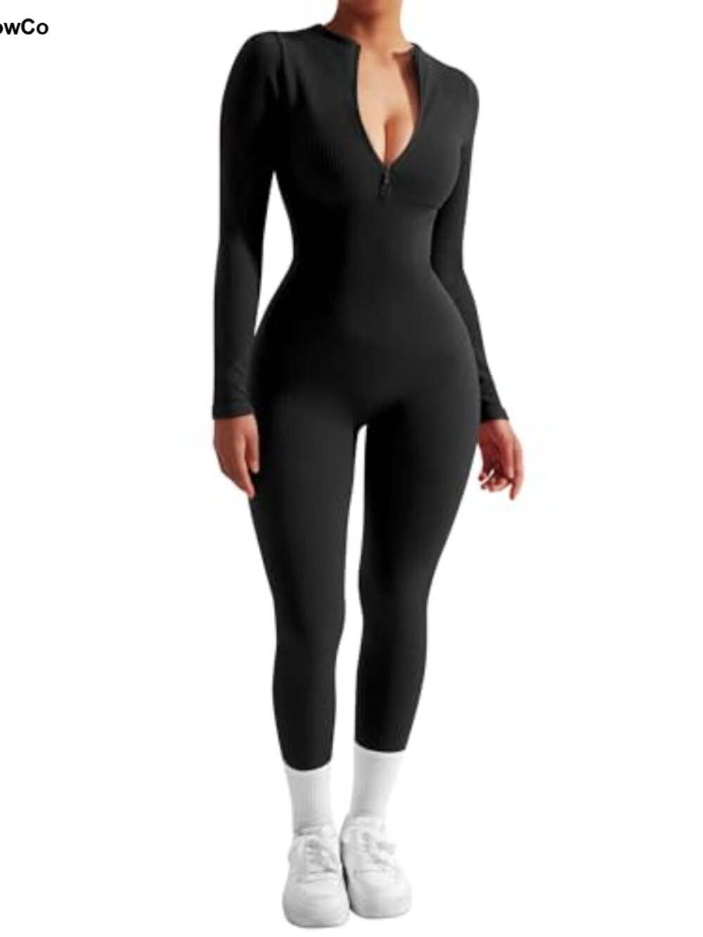 Women's Long Sleeve Zip Front Ribbed Jumpsuit Bodycon Romper